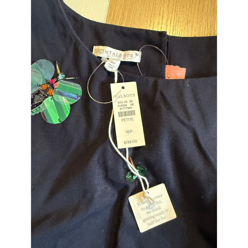 RSVP by Talbots Navy Blue Beaded Insect Butterfly Shell Top NWT 16P Petite - Picture 2 of 7